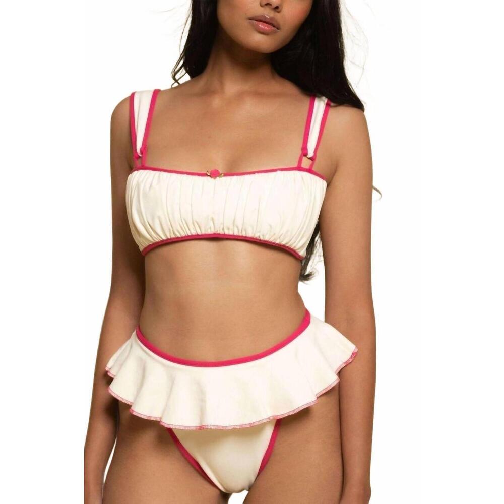 NEW MONTCE tamarindo ruffle bikini bottom in cream raspberry binded